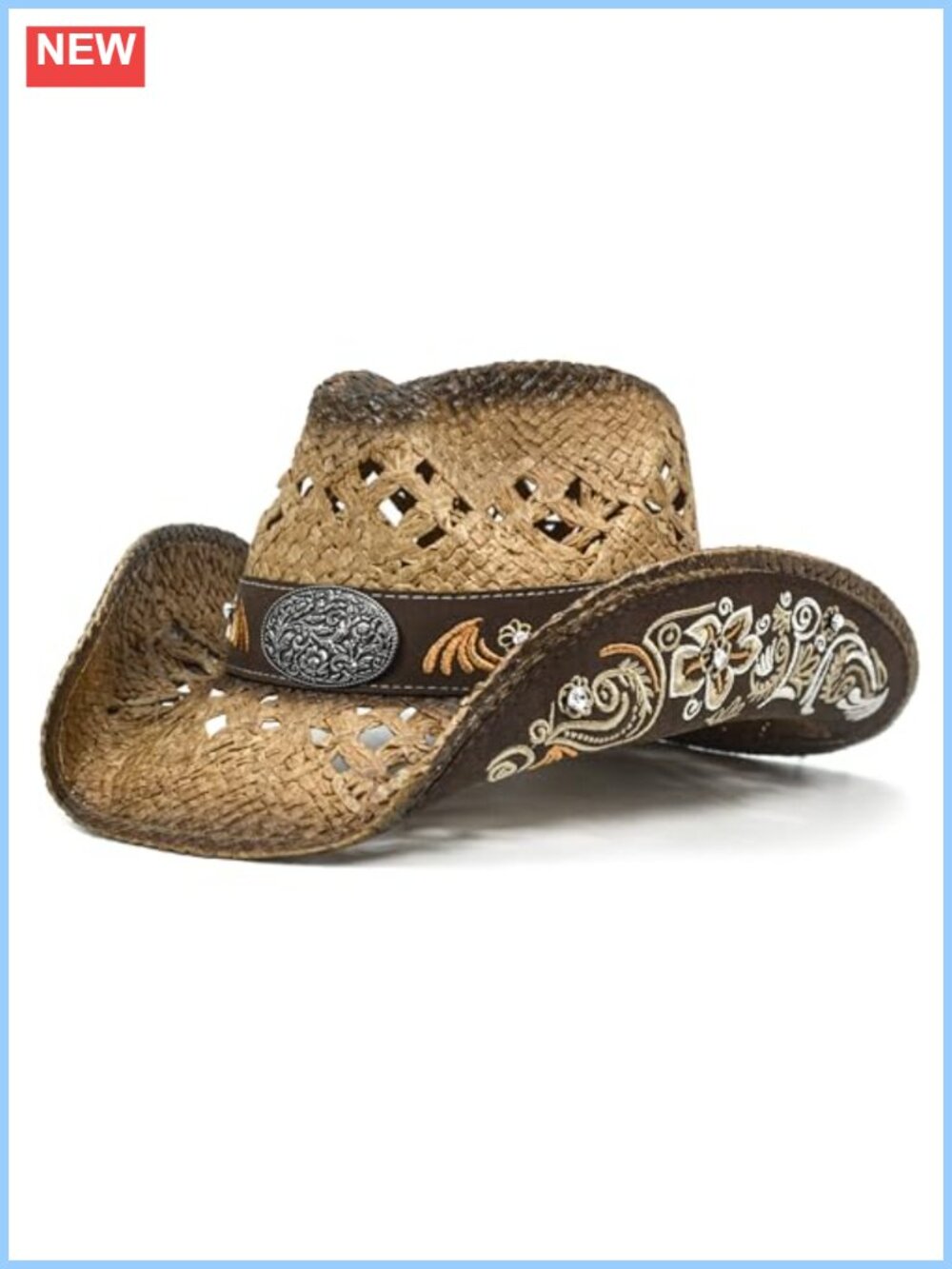 Handmade Straw Western Cowboy Hat Embroidered Floral Unisex Adjustable